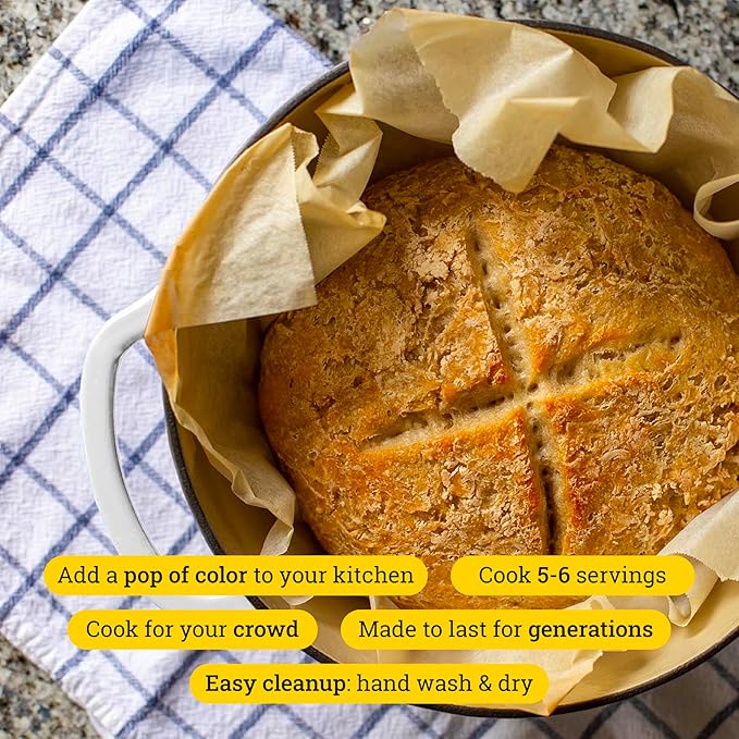 Lodge 6 Quart Enameled Cast Iron Dutch Oven with Lid – Dual Handles, Oven Safe up to 500°F, Stovetop Compatible – Marinate, Cook, Bake, Refrigerate & Serve – Oyster White