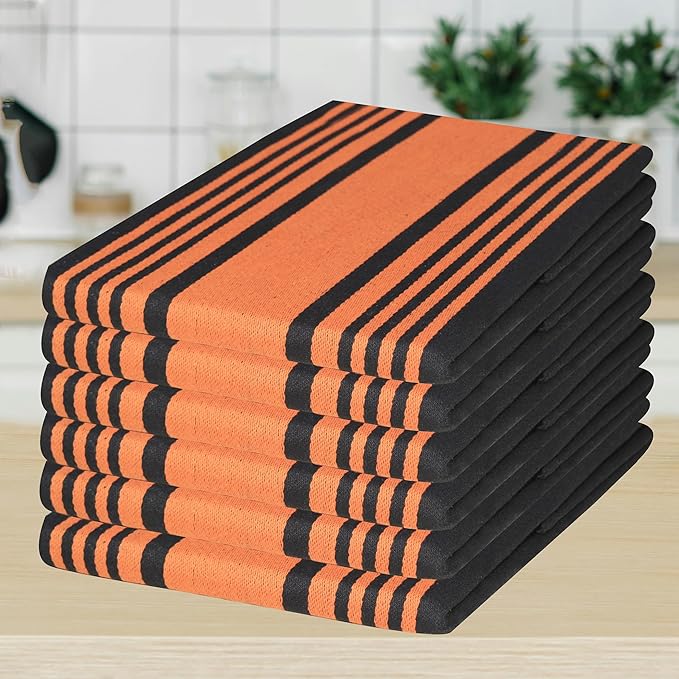 Urban Villa Kitchen Towels 100% Cotton Pack of 6, Highly Absorbent Quick Drying Super Soft Premium Dish Towels for Kitchen with Hanging Loop Hand & Tea Towels - 20x30 Inch, (Orange & Black Striped)