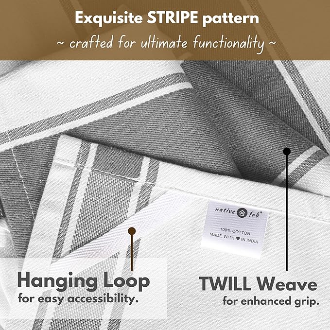 Native Fab Gray Kitchen Dish Towels 18x28 Inch, Set of 4, Wide Stripe, Super Absorbent, Fast Dry, Soft, 100% Cotton Towels for Wiping Hands, Drying Dishes, Cleaning Spills Dish Cloths Set - Grey