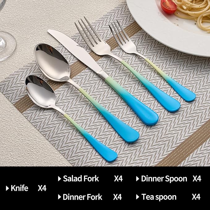 20-Pieces Color Silverware Sets for 4,Blue and Yellow Handle Stainless Steel Cutlery Set, Include Forks Spoons and Knives Set, Dishwasher Safe Utensil Sets for Home Restaurant