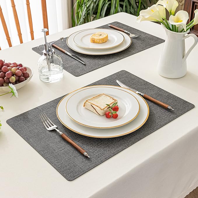 Romanstile Vinyl Placemats Set of 8-12 x 17 Inch - Heat Resistant Place Mats 100% Waterproof Oilproof Wipeable Reversible Faux Leather Table Mats for Kitchen/Dining/Party/Holiday, Dark Grey