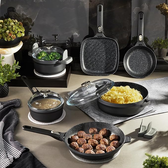 BergHOFF GEM 9Pc Non-stick Cookware Set, Best for Glass Top Cooktop and Gas Stove, Black