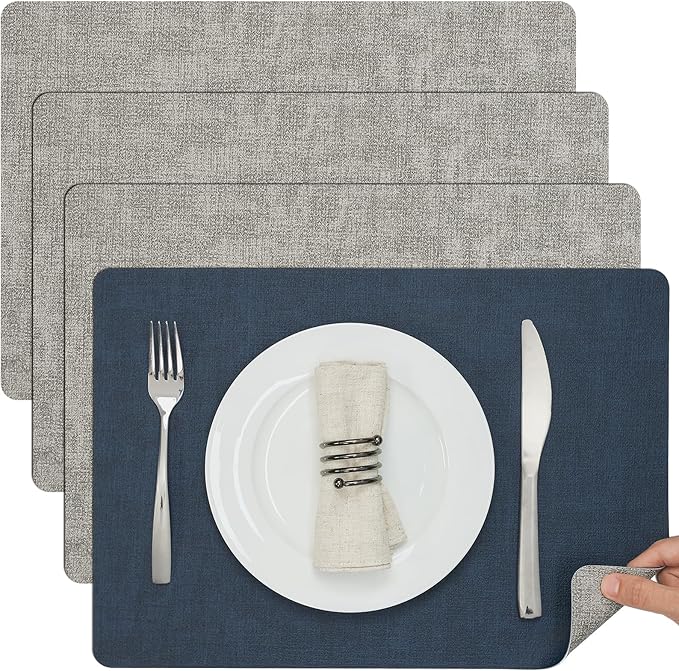 Myir JUN Placemats Dual Sided, Faux Leather Place Mats Set of 4 Indoor Placemats for Dining Table Outdoor Placemats Manteles Individuales Square Non-Slip Washable Table Mats (Gray Blue, Set of 4)