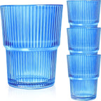 Blue Ribbed Glass Set of 4 14oz Highball Glass Stackable Vintage Durable for Water, Seltzer, Sparkling, Elegant Everyday Glassware