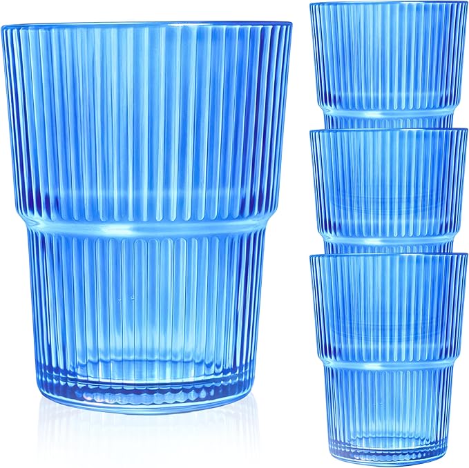 Blue Ribbed Glass Set of 4 14oz Highball Glass Stackable Vintage Durable for Water, Seltzer, Sparkling, Elegant Everyday Glassware
