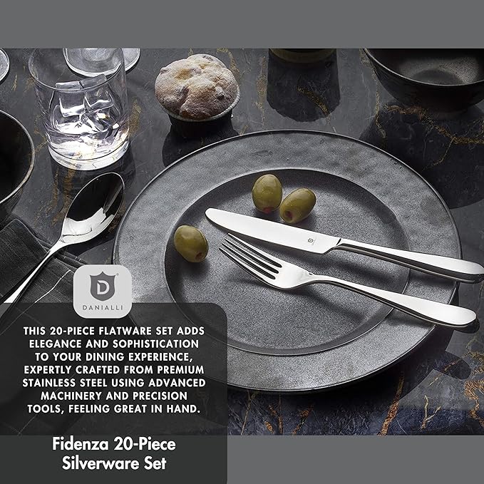 Silverware Set for 4 – 18/10 Stainless Steel Flatware, Mirror Finish, Dishwasher Safe, Heavy-Duty, Rust Resistant, Elegant Cutlery (20-Piece Set, Fidenza)