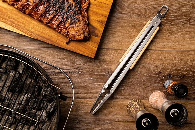 9" Tongs 18/0 Stainless Steel BBQ Grill Tongs with Ergonomic Real Oak Wood Handle for Cooking - Durable Grilling Accessory, Tongs for Cooking & Kitchen, Outdoor Barbecue, Easy to Clean