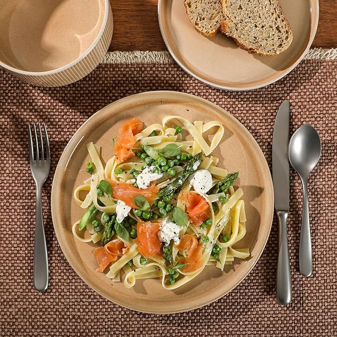 Gibson Elite Solana Coast 12 Piece Stoneware Reactive Glaze (Service for 4) Ceramic Plates and Bowls Modern Shape Embossed Dinnerware Set - Terracotta Orange