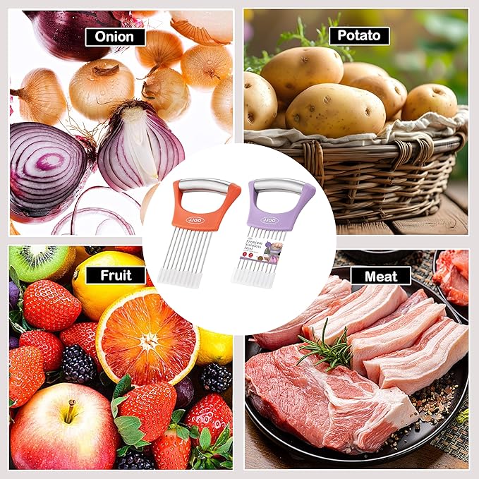 2PCS Onion Slicer Holder, JJOO Stainless Steel Onion Cutter for Slicing and Storage Onions, Tomato, Eggs and Vegetables, Protective Cover Included, Dishwasher Safe (Stylish orange+ Purple Color)