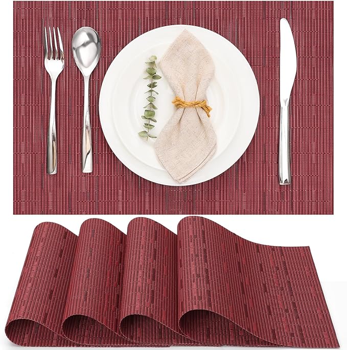 Myir JUN Placemats Set of 4, Vinyl Woven Placemats Place Mats Indoor Set of 4 Washable Table Mats Non-Slip Place mats for Dining Table (Red, Set of 4)