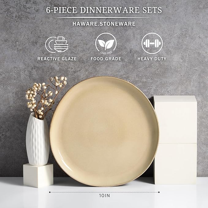 HaWare Stoneware Dinner Plates Set of 6, 10" Heavy Duty Ceramic Plates, Reactive Glaze Dinnerware for Home Restaurant, Chip and Scratch Resistant, Microwave and Dishwasher Safe, Reactive Sandy Khaki