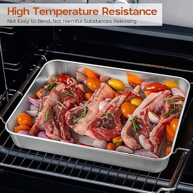 9¾ x 12½ x 2 Inch Baking Pan with Lid, 2 Pack Stainless Steel Lasagna Rectangular Cake Pan, Non Toxic & Dishwasher Safe