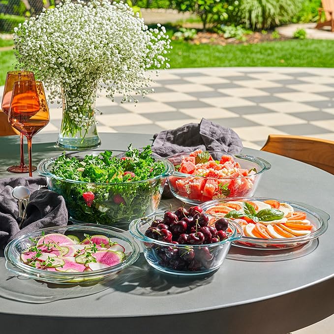 6pc Glass Tureen Dishes for Oven with Lids, Durable Borosilicate Glass Covered Bakeware Set, Microwave Safe, Versatile Round Baking Dishes for Oven with Lid, Clear Lead-Free Casserole Cookware.
