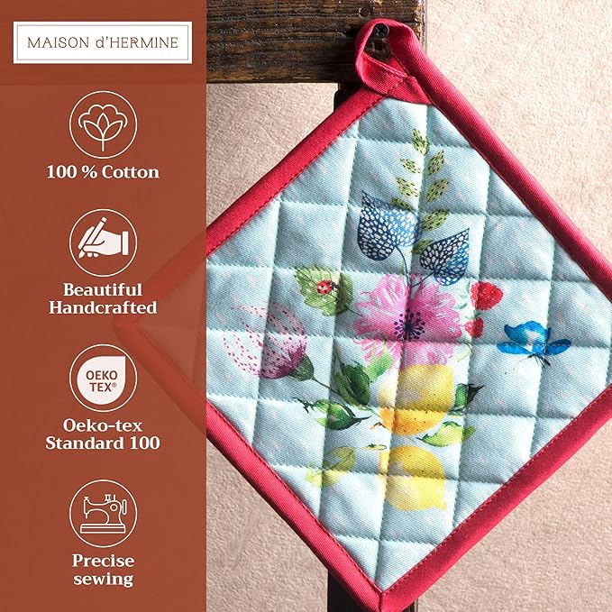 Maison d' Hermine Pot Holders Set 100% Cotton Heat Resistant Potholders 8" x 8" Hot Pads with Loop BBQ, Cooking, Grilling, Kitchen, Handling Hot Pans Spring/Summer (Pack of 2, Jardin D'Ete - Mint)