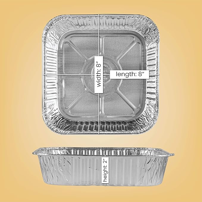 PLASTICPRO Disposable 8'' X 8'' X 2'' Inch Square Aluminum Tin Foil Baking Pans Bakeware - Cookware Perfect for Baking Cakes, Breads, Brownies, Bread, Meatloaf, Lasagna, Pack of 50