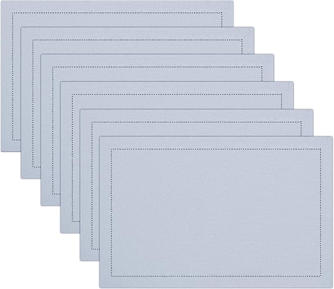 Ruvanti Linen Placemats Set of 6-13x19 Inch, Classic Hemstitch, Heat ‎Resistant Machine Washable Place Mats, Soft & Elegant- Perfect for Christmas, ‎Thanksgiving, Easter, Wedding, Dinner - Arctic Ice