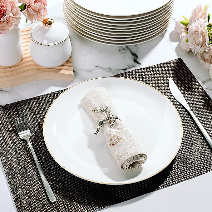 Brew To A Tea - White Porcelain Dinner Plates, Set of 12, 10.5" Gold Rimmed, Classic Style, Formal Dining