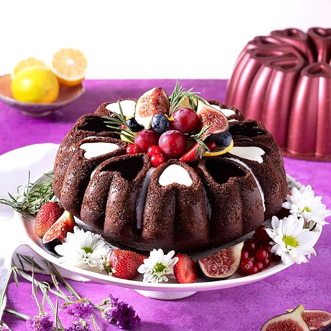 Heart Shape Aluminum Cake Pan, Titanium Coating, Non-Stick, 12 Cups, Heavy Duty, Gifts for Mom, Molded Cake Pan, 10 Inch Baking Mold, Cast Aluminum Fluted Tube Pan, Easy to Clean (Red)