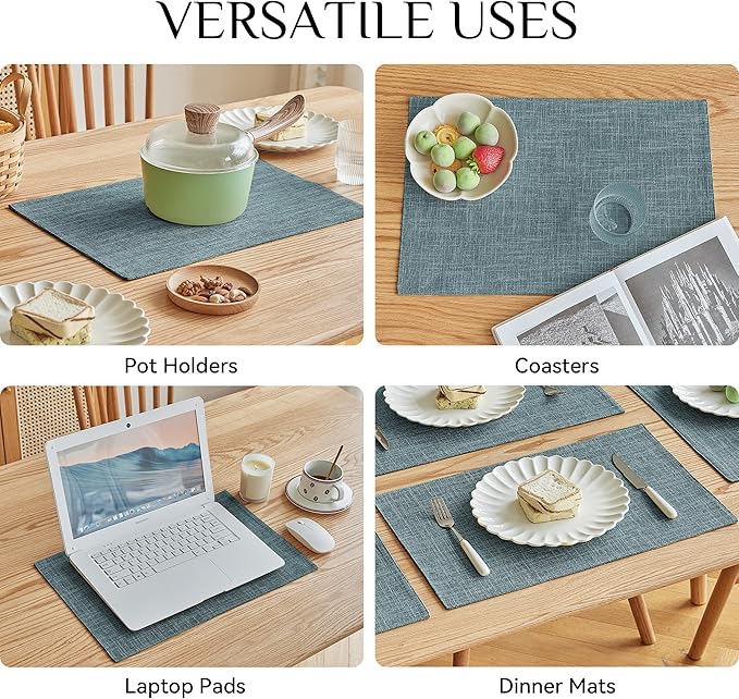 Softalker Faux Linen Placemats Set of 8-12 x 18 Inch, Heat Resistant Double Layered Durable Burlap Farmhouse Place Mats, Non-Slip Washable Rustic Table Mats for Dining, Kitchen, Party（Light Blue