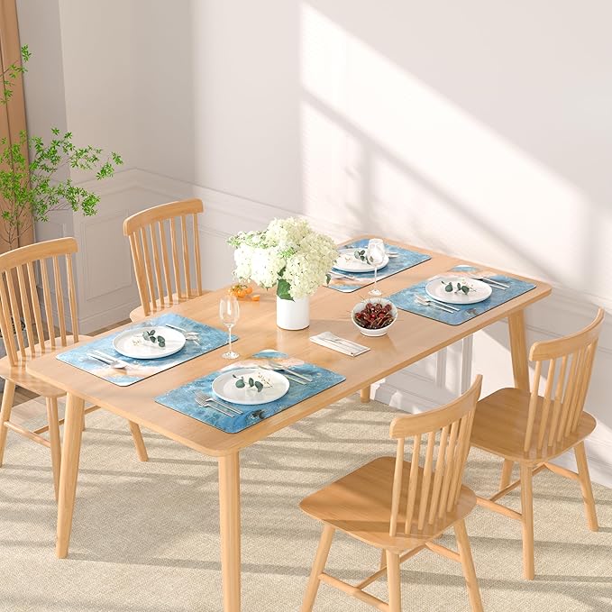 QIYI Placemats Set of 6, 12x18 Inch PU Leather Place Mats for Kitchen Dinning, Heat Resistant Anti Slip Pink Gold Table Mats, Waterproof Wipeable Washable Placemat Party Table Décor, Blue Fluid Marble