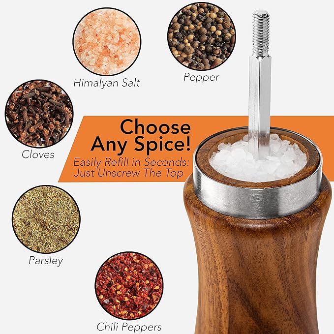 Wooden Salt and Pepper Grinder Set: Refillable Salt & Pepper Mills Adjust for Customized Coarseness, Crafted of Solid Acacia Wood with Ceramic/Stainless Steel Core, 8 Inches Each