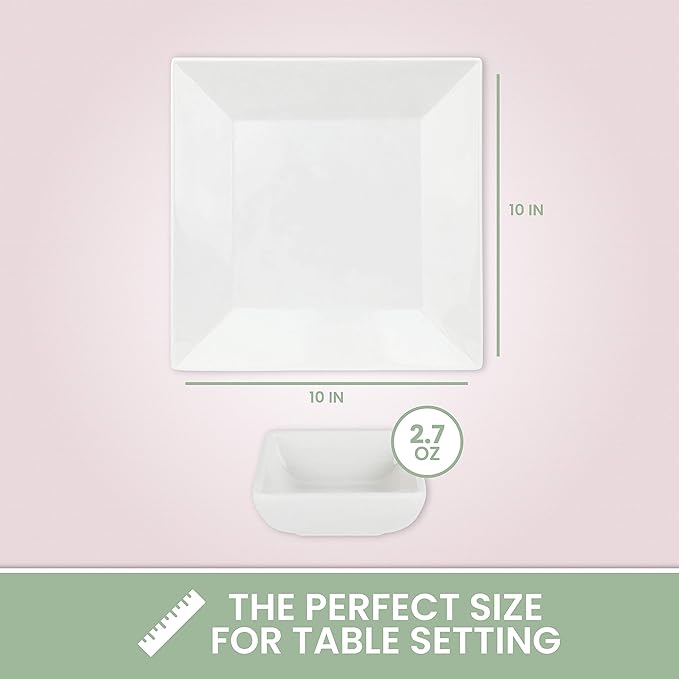 [6 x 4 Pack] 10" x 10" White Square Melamine Plates, Unbreakable Elegant Dinnerware Set With Sauce Dish
