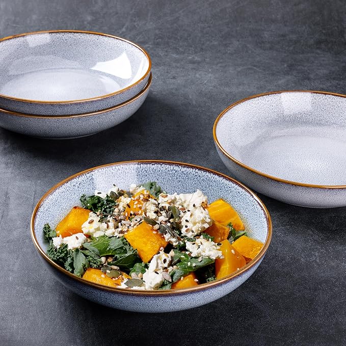 AmorArc 8.5'' Large Pasta Bowls, 36oz Ceramic Salad Serving Bowls Set of 6 for Kitchen, Wide Stoneware Bowls for Pasta,Salad,Fruit,Bread, Microwave Safe, Reactive Glaze-Blue