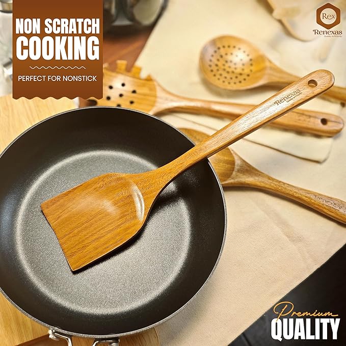 Wooden Spoons for Cooking Utensils, Natural Teak Wooden Cooking Spoons with Nonstick Spatula Set, Bamboo Kitchen Utensils With Holder, Wood Spoon Set for Kitchen Essentials (6)