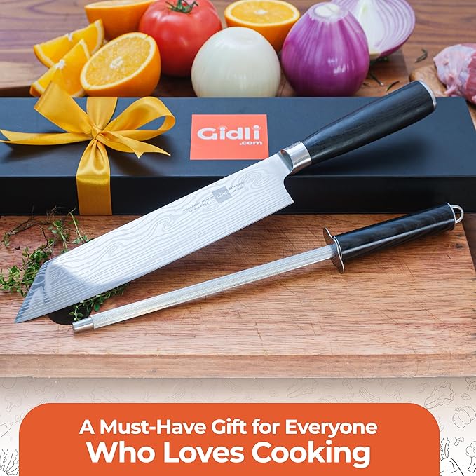 Gidli 8 Inch Chef Knife with Knife Sharpener Carbon Stainless Steel, Ultra Sharp, Ergonomic Wooden Handle, Gift Box – Kitchen Blade Set