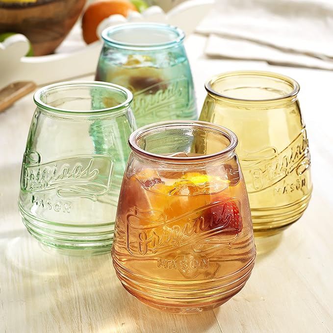 Wine Glasses Set Of 4 Assorted Colored Stemless Glasses 21 OZ. Original Mason Large Wine Cup, Red and White Wine Drinking Water Glasses. Juice, Cocktails, Smoothies, Vintage Bar