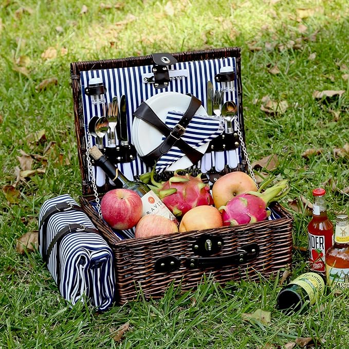 Picnic Basket Set for 4 with Waterproof Blanket Mat Insulation Bag Wicker Navy Blue Brown Stripe Vintage Retro Classic Gift for Wedding Birthday Summer Camp Outdoor Camping Travel Christmas