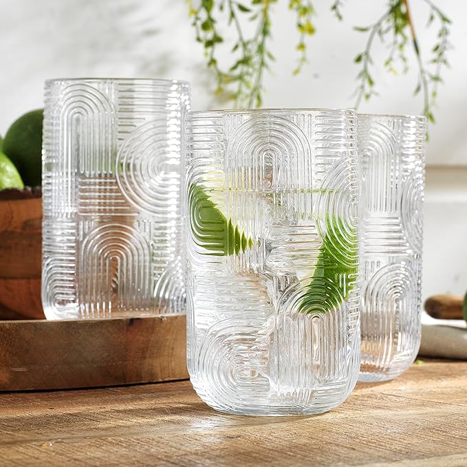 Glaver's Highball Glasses, 17 Ounce Embossed Designed Set of 4 Clear Kitchen Glassware For Home Bar Everyday Elegant Serving Coolers Urban Pattern Modern Drinking Glasses