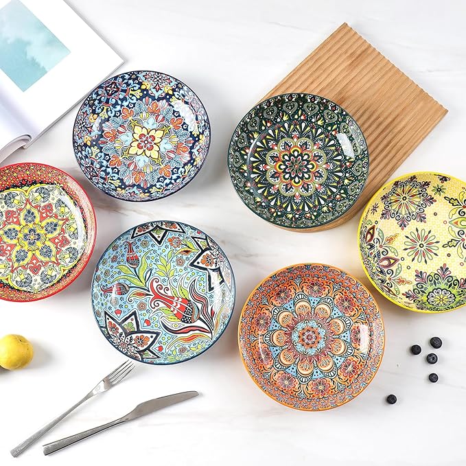 KitchenTour Pasta Bowls Set of 6-30 oz Large Wide & Shallow Serving Bowl, Colorful Ceramic Salad Bowls for Everyday Dining - 8.2 Inch, Microwave and Dishwasher Safe, Bohemian Style