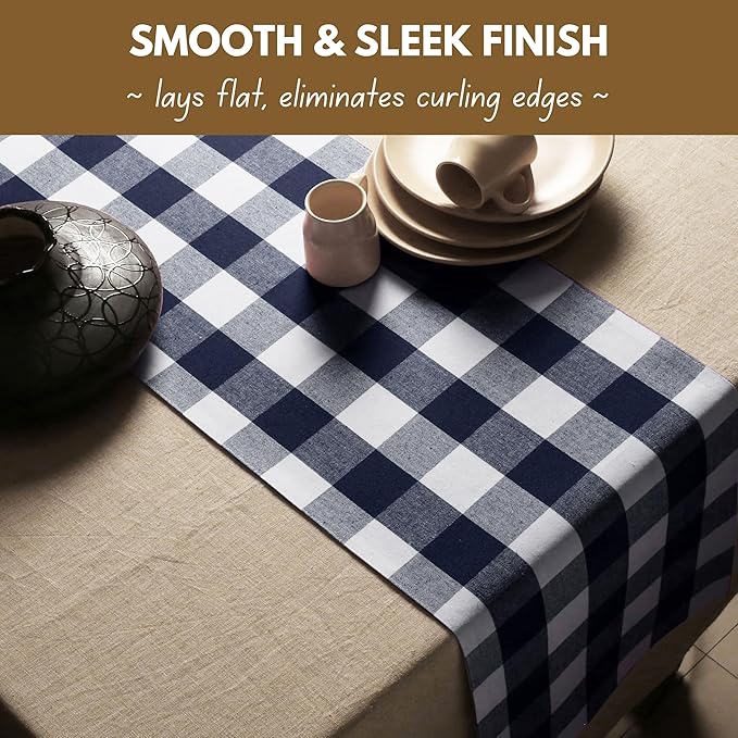 Native Fab Table Runner Buffalo Check Plaid 100% Cotton - 13x72 Inches Kitchen Dining Table Decoration for Indoor Outdoor Farmhouse Home Party Decor -Navy Blue and White