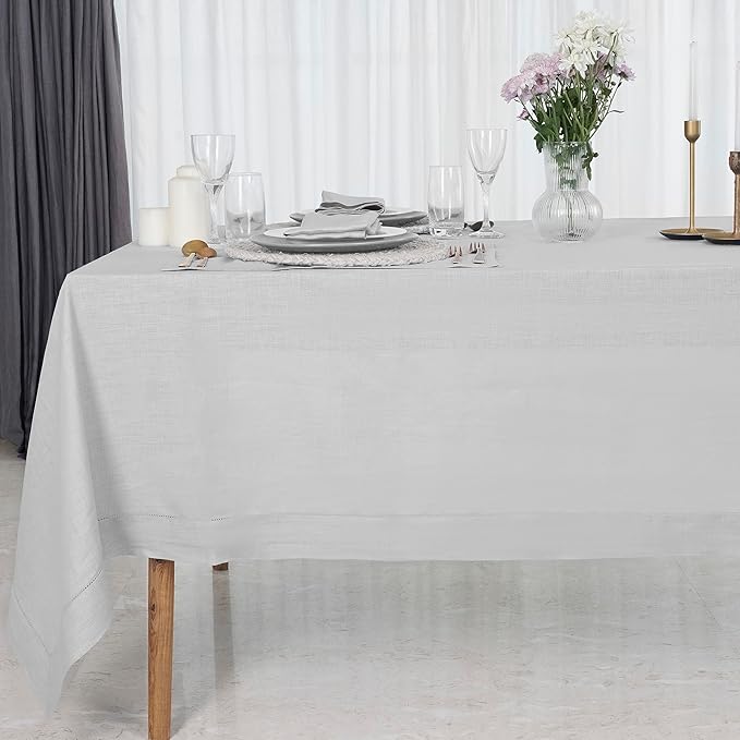 D'Moksha Homes Silver Grey Linen Tablecloth 60 x 120 Inch - 100% Pure Linen Hemstitch Tablecloth for Rectangle Tables - Classic Hemstitch, Machine Washable Table Cloth for Summer, Fall and Halloween