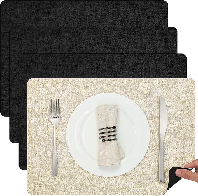 Myir JUN Dual Sided Placemats, Faux Leather Set of 4 for Dining Table Indoor Outdoor, Square Non-Slip Washable Table Mats (Cream-White Black)
