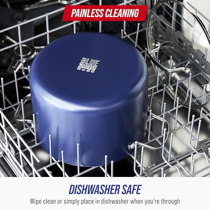 Blue Diamond 8QT Nonstick Stockpot with Glass Lid, PFAS-Free Ceramic, Multipurpose Cooking, Sauces & Soups, Pasta, Boiling & Canning Pot, Dishwasher & Oven Safe, Stainless Steel Handles, Navy