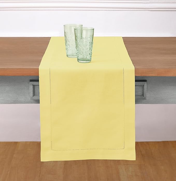 Solino Home Yellow Table Runner 108 Inches Long - Cotton Linen Hemstitch 14 x 108 Inch Table Runner for Dining and Summer