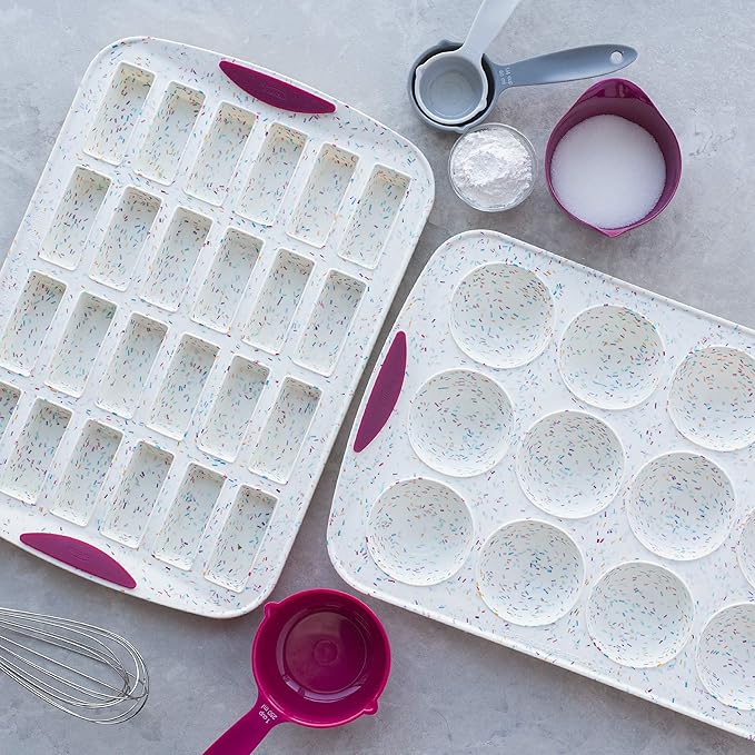 Trudeau 24 Slot Mini Bar Pan – Premium Confetti White Silicone Bakeware with Steel-Reinforced Rim – Nonstick, BPA-Free Brownie, Blondie, Snack Bar & Mini Cake Mold – Oven, Freezer & Dishwasher Safe