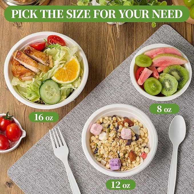 ECOLipak 300 Pack Compostable Paper Bowls, 8 oz Heavy-Duty Disposable Biodegradable Soup Bowls Made of Natural Bagasse, Suitable for Salad, Dessert, Milk, Cereals