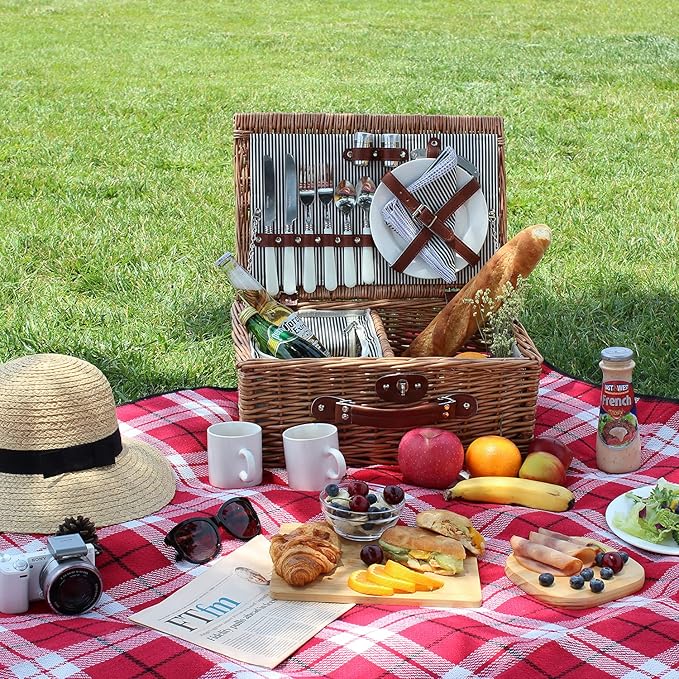 Picnic Basket for 2, Willow Hamper Set with Insulated Compartment, Handmade Large Wicker Picnic Basket Set with Utensils Cutlery - Perfect for Picnic, Camping, or Any Other Outdoor