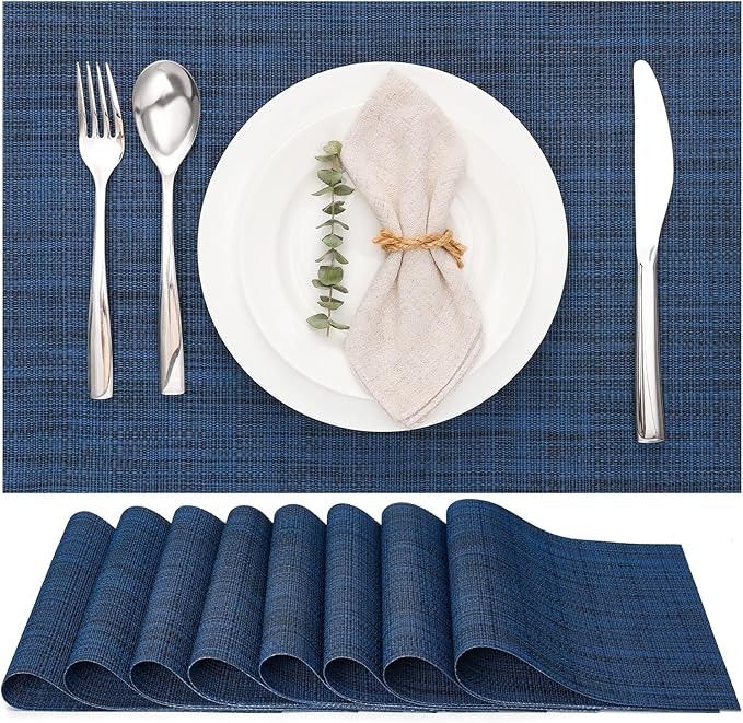 Myir JUN Placemats Set of 8, Vinyl Woven Placemats Place Mats Indoor Set of 8 Washable Table Mats Non-Slip Place mats for Dining Table (Dark Blue, Set of 8)