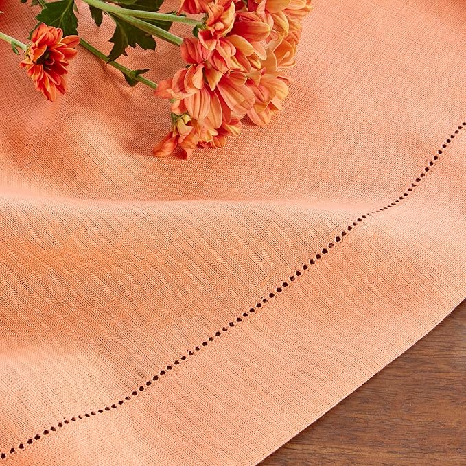 Solino Home Linen Coral Table Runner 144 Inches Long - 100% Pure Linen Extra Long Table Runner 14 x 144 Inch for Summer - Classic Hemstitch