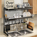 3 Tier Extra Large Stainless Steel Expandable Over The Sink Dish Drainer Drying Rack, Rust Proof Metal, Space Saving, Modern Black Big Capacity Extendable Plate Strainers Above Kitchen Counter