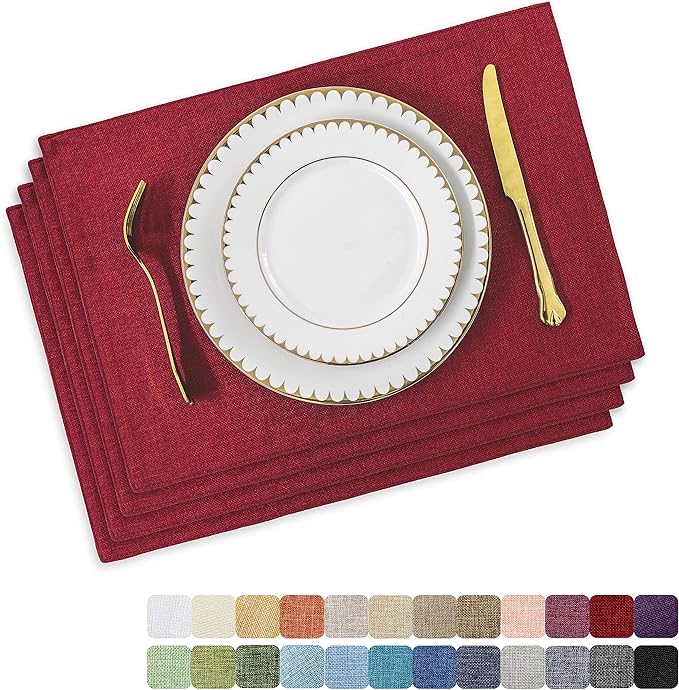 Home Brilliant Cloth Placemats Set of 4 Red Linen Placemats for Dinner Heat Resistant Dining Table Mats Kitchen Place Mats for Party, Dark Red Burgundy