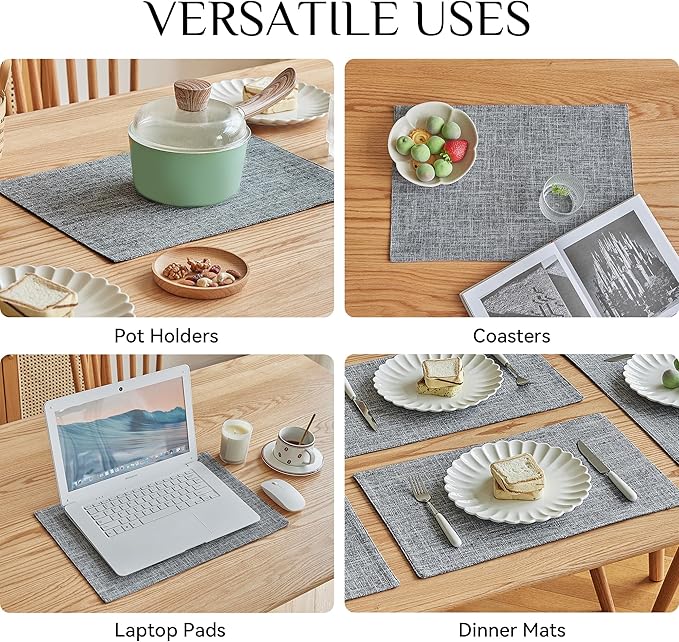 Softalker Faux Linen Placemats Set of 6-12 x 18 Inch, Heat Resistant Double Layered Durable Burlap Farmhouse Place Mats, Non-Slip Washable Rustic Table Mats for Dining, Kitchen, Party（Light Grey