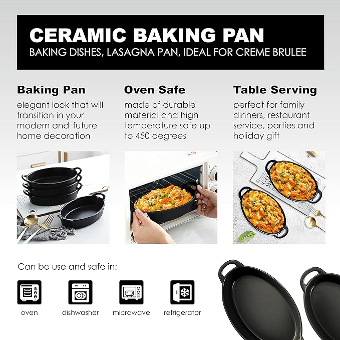 Bruntmor 8" x 5" Oval Porcelain Ceramic Deep Dish Pie Pan Set of 4, Double Handle Au Gratin Baking Dishes, Oven Safe Roasting Lasagna Pan For kitchen- Black