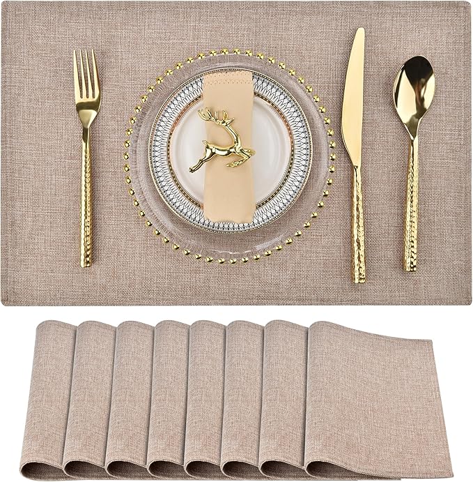 Cloth Placemats Set of 8 - Double Thickened Easy to Clean Linen Style Fabric Placemats - Machine Washable Placemats - Heat Resistant Non-Slip Table Mats (Natural Linen, 8)