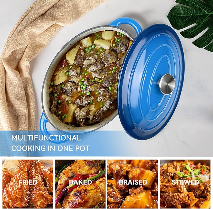 Oval Dutch Oven for Bread Baking, 4.5 Quart Non Stick Enameled Cast Iron Dutch Oven Pot with Lid, Oven Safe Oval Casserole with Lid up to 500°F for Baking, Braising, Stews, Roasting (Blue)