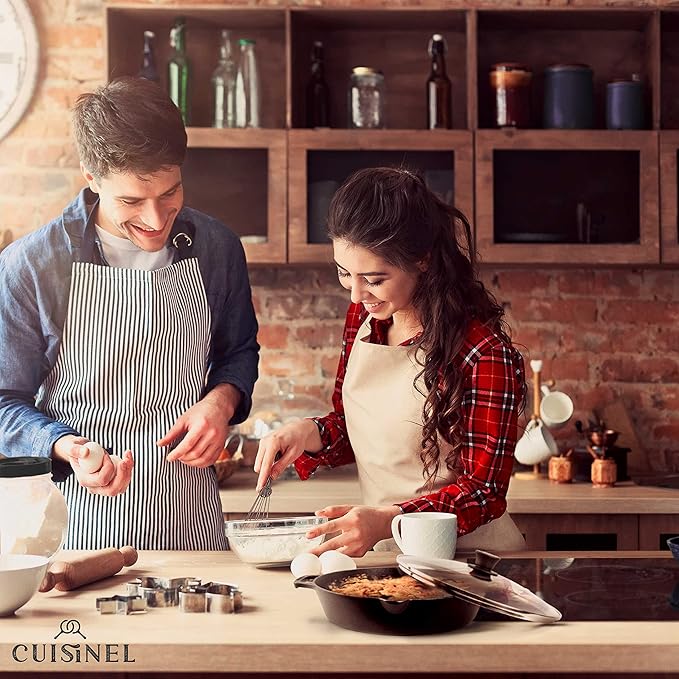 Cast Iron Skillet with Glass Lid - 12"-Inch Dual Handle Frying Pan + Pan Scraper + Silicone Handle Holder Covers - Preseasoned Oven Safe Cookware - Indoor/Outdoor Use - Grill, Stovetop, Induction Safe